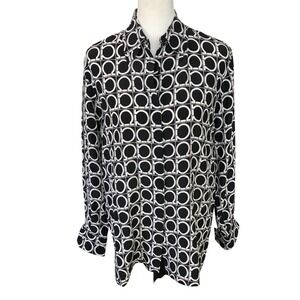 Tango Black White Geometric Button Front 100% Silk‎ Corpcore Office Blouse S